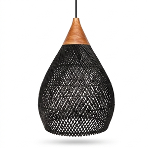 Lámpara colgante de ratán negro premium, moderna, con tapa de madera, estilo bohemio chic, lámpara de bambú para el hogar, restaurante, cafetería. - Product Image 1