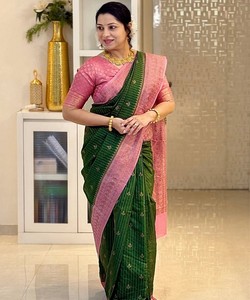 Sari de Seda Rosa y Verde para Mujer, Traje Tradicional de Boda, Largo hasta el Suelo, Sin Arrugas, Corte Regular, Estilo India Pakistán 85169 TWT 1095 - Product Image 2