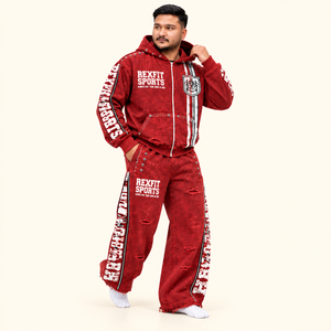 Rexfit sports 2026 Custom Custom Men’s <b>Red</b> Distressed Tracksuit Graphic Zip Up <b>Hoodie</b> and Wide Leg Pants Oversized Hip Hop - Product Image 4