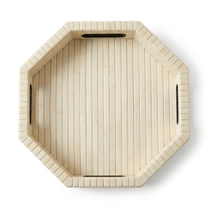 Plateau de service rond en bois fait main, décoratif, avec incrustation d'os rayé noir et blanc, pour table basse d'hôtel de luxe - Product Image 4