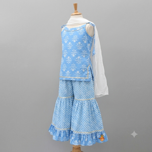 Indian Handmade Fancy Casual Cotton Leopard Floral Print Kids Girls Glitter Hand Drawn Work Stylish Light Blue Color Shrara Set - Product Image 2