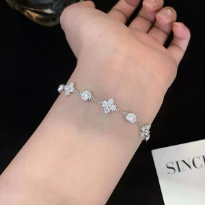 Four Leaf Design <b>Solid</b> Gold Moissanite Diamond <b>Bracelet</b> Round Brilliant Cut Flower Design Claw Set Chain Link Jewelry - Product Image 1