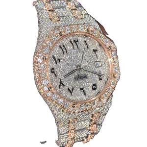 Montre ronde de luxe haut de gamme en or VVS Moissanite avec bracelet en cuir pour hommes, montre étanche glacée en diamant, fournisseur en gros - Product Image 1