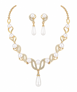 Conjunto de Moda para Mujer, Chapado en Oro, con Cristales, Perlas y Circonitas, Collar y Aretes Románticos con Diseño de Gota de Agua, para Aniversario - Product Image 5