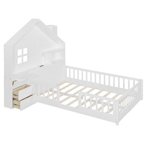 Letto per bambini bianco a grandezza naturale con finestra, cassetti laterali, ripiani e set di prese USB - Product Image 6