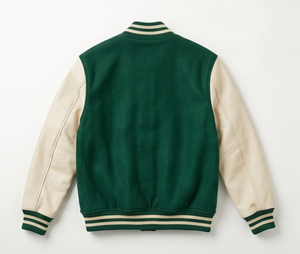 Veste universitaire verte pour homme, manches crème, boutonnée, décontractée, coupe classique, col rabattu, couleur unie, pour l'automne - Product Image 2