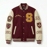 Veste de baseball pour homme, style preppy, couleur bordeaux et crème, avec lettres brodées S et patchs, pour l'automne.