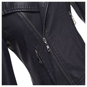 Chaqueta de Motociclista de Cuero PU para Mujer, Cuello Alto, Manga Larga, Cierre de Cremallera, Color Sólido, Otoño - Product Image 2