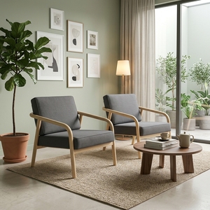 Fauteuil lounge moderne de style mid-century en bois massif, fauteuil en teck naturel avec revêtement en tissu gris, fauteuil d'appoint pour salon - Product Image 3