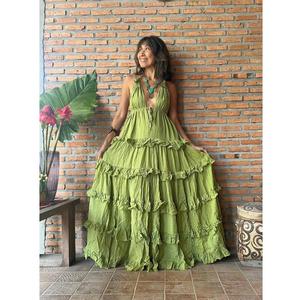 Wholesale Womens Tiered Ruffle Maxi Dress Olive Green Cotton Gauze Eco-Friendly Vintage Customizable Backless Boho Summer Dress - Product Image 1