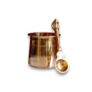 Panchpatra indienne traditionnelle en laiton, artisanat traditionnel, avec cuillère et assiette, ensemble Panchpatra antique avec Achamani et Thali - Product Image 5