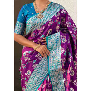 Purple Banarasi Contrast Jaal Woven Saree Soft <b>Silk</b> Zari Traditional Indian <b>Shawl</b> - Product Image 2