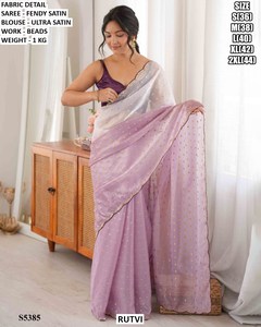 Sari de satén Fendy azul claro Rutvi con bordados, blusa de satén ultra, para bodas, indio, pakistaní, para mujer, corte regular, sin arrugas - Product Image 5