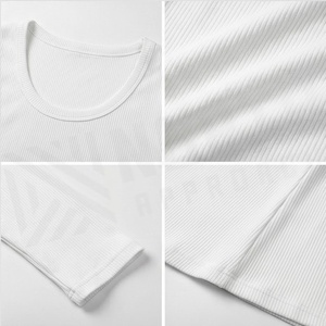 T-shirt blanc côtelé à manches longues et col rond en coton et élasthanne respirant pour femme, couleur unie - Product Image 5