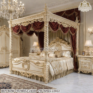 Traditional Maharani Style Canopy Bed with Side <b>Table</b> Grand Palace Style Four Poster Bed Gold Finish Master Bedroom Furniture UK - Product Image 2