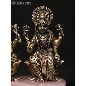 รูปปั้น lakshmi และพระพิฆเนศทองเหลืองทำด้วยมือขนาด4นิ้วฐานพลอยโรสควอตซ์ประติมากรรมคุณภาพดี - Product Image 3