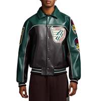 Avirex Herren Grün-Schwarze High-Street Varsity-Jacke mit Besticktem Patch-Design, Umlegekragen, Echtes Leder, Wasserdicht