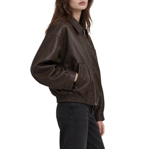 Premium New Style <b>Women's</b> Brown Woven Faux <b>Leather</b> <b>Jacket</b> Zip Up Short Collar Anti Wrinkle <b>Women</b> <b>Leather</b> <b>Jacket</b> - Product Image 3