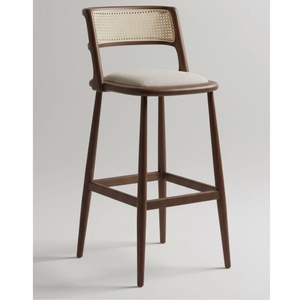 Taburete de Bar Moderno de Mediados de Siglo, de Madera Maciza, con Respaldo de Mimbre Natural y Asiento Acolchado Confortable - Product Image 1