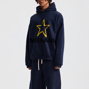 MBAANI Men's <b>Navy</b> Blue Hooded <b>Sweatshirt</b> Oversized Fit Embroidered Star Logo Casual Wear Autumn Season 100% Cotton French Terry - Product Image 3