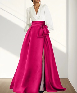 Elegante Vestido de Fiesta Blanco de Satén con Cuello Alto y Manga Larga, Corte en A, Largo hasta el Suelo, Falda con Contraste Amarillo, Cintura Imperio y Cola Capilla - Product Image 4
