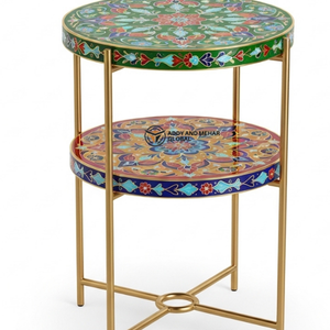 Handcrafted Round Bone Inlay Side Table with Metal Frame – Multicolor Two-Tier Accent Table <b>for</b> Living Room & Ottomans - Product Image 4
