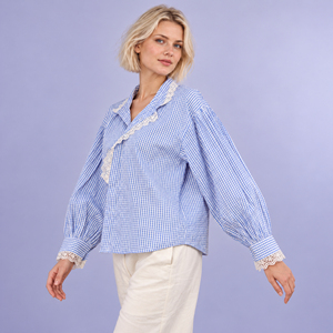 Blusa Casual Holgada para Mujer, Diseño a Cuadros Azules, ODM, 100% Algodón Ecológico, Transpirable, con Botones, Adorno de Encaje Vintage y Manga Abullonada - Product Image 4