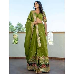 Dazzling Green Embroidered Silk Mehendi Wear Lehenga Choli for <b>Wedding</b> - Product Image 3