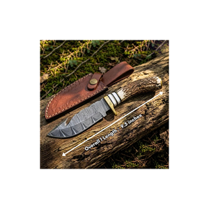 Cuchillo de caza de hoja fija de acero de Damasco hecho a mano PAK ENTERPRISES con mango de asta de ciervo y gancho para tripas, para camping al aire libre, OEM industrial - Product Image 3