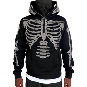 Solid Winter <b>Skeleton</b> Rhinestone <b>Full</b> Face Zip Hoodie with Eyes Holes in Cotton Fleece Customized Logo Breathable Street Wear - Product Image 6