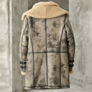 Veste en cuir véritable lavé pour homme avec doublure en fausse fourrure, col rabattable, long manteau coupe-vent d'hiver, style motard - Product Image 3