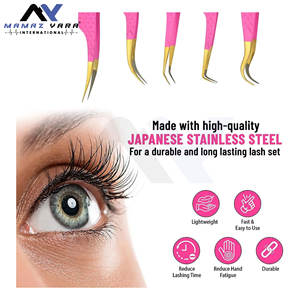 Ensemble de pinces à cils professionnelles en acier inoxydable, 5 pinces à cils à pointe en fibre Diamond Grip, couleur rose, extensions de cils, beauté - Product Image 6