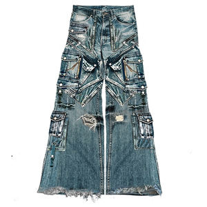 กางเกงยีนส์ทรงกลางเอวปักลายวินเทจแบบพับได้ สีดำ สไตล์สตรีทแวร์ ล้างแบบ Monkey Wash ผ้าเดนิมสีเข้ม ระบายอากาศได้ดี เป็นมิตรต่อสิ่งแวดล้อม สำหรับผู้ชาย - Product Image 3