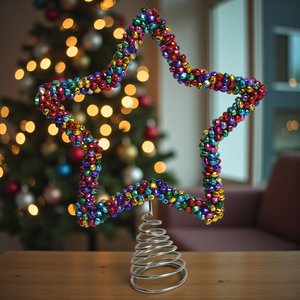 Décor de sommet de sapin de Noël en forme d'étoile multicolore avec clochettes et base spirale argentée - Product Image 4