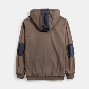 Men's Hooded Sweatshirt Brown Navy Patchwork Regular Fit Casual Knitted Cotton French Terry Autumn Wear - Product Image 2