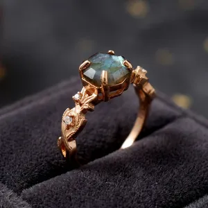 Bague en labradorite naturelle plaquée or 10 carats, argent sterling 925, pierre précieuse hexagonale, bijoux vintage pour cocktail, fiançailles, fête - Product Image 5