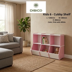 Étagère à 6 compartiments DISICO pour enfants, 1200x480x800mm, rose avec blanc, bibliothèque murale en MDF, design moderne - Product Image 5