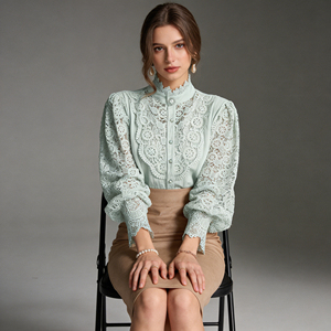 Oferta especial en Temu |   Blusa Elegante con Cuello Alto y Encaje para Mujer, Camisa con Mangas Abullonadas y Diseño Calado, Top Casual para Uso Diario - Product Image 6