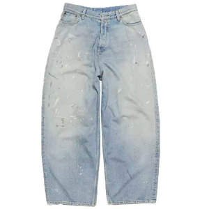 Jeans baggy homme de haute qualité, sur mesure, style streetwear, délavés au soleil, effet acide, coupe ample, bleu clair, effet usé. - Product Image 1