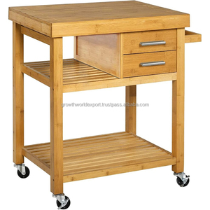 Chariot de cuisine et de bar en bois de manguier de qualité supérieure avec tiroirs et roulettes, îlot roulant, chariot de bar domestique, meuble de rangement moderne pour la maison et l'hôtel - Product Image 1