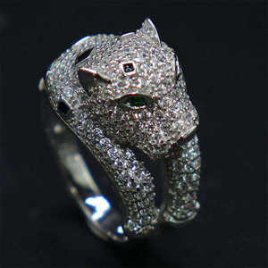 Silver Gold Plated 18k Customizable Weight Panther <b>Ring</b> Brilliant Cut Lab Grown <b>Diamonds</b> Filled Emerald Eyes IGI Certified - Product Image 1