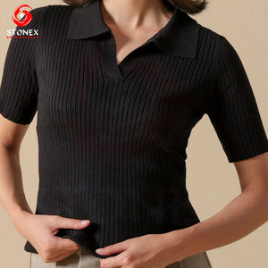 Elegant <b>Women's</b> <b>Black</b> Ribbed Knit <b>Polo</b> <b>Shirt</b> Fashion Slim Fit Short Sleeve Premium Knitwear Custom Logo Wholesale Supplier - Product Image 2