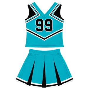 Uniforme de cheerleading turquoise, noir et blanc, sans manches, col en V, haut court, jupe plissée, tenue de danse pour équipe de cheerleading - Product Image 1