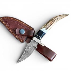 Cuchillo de Caza Fijo de Acero Damasco Recto OEM/ODM DIY con Mango de Cuerno de Ciervo, Espiga Completa, para Supervivencia al Aire Libre y Camping, 3 Años de Garantía - Product Image 1