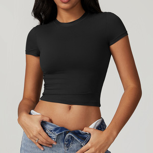 Women's <b>White</b> <b>Crop</b> <b>Top</b> Short Sleeve Crew Neck Slim Fit Knitted Spandex Cotton Casual Spring Summer Solid Color - Product Image 3