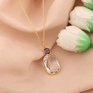 Geometric Gemstone Emerald Cut Crystal Quartz Brass Buddhism Fashion Pendant 18K Gold Plated Minimalist Statement Bezel Setting - Product Image 2