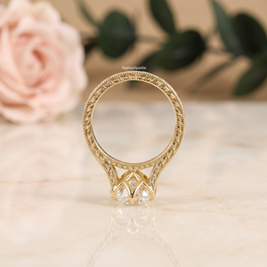 Gold Marquise Cut <b>Ring</b> with Ornate Engraved Band Design <b>Large</b> Center Stone Classy Wedding Engagement Fine Jewelry for Women Gift - Product Image 4
