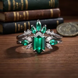 Women Engagement Wedding Anniversary Gift Band <b>Emerald</b> Cut Stone 925 <b>Silver</b> Gold Plated Prong Setting Romantic Design <b>Ring</b> - Product Image 3