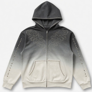 Sudadera con capucha personalizada con estampado de serigrafía, pedrería y cremallera, de algodón 100% de alto gramaje, estilo vintage streetwear unisex. - Product Image 1