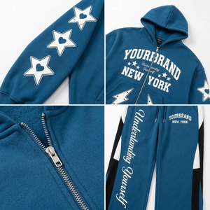 Ensemble survêtement bleu épais à capuche coupe ample style streetwear avec logo blanc imprimé et poches latérales - Product Image 6